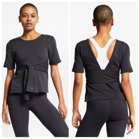Nike Studio Dri-Fit Short Sleeve Yoga Tie Top Medium - Picture 1 of 8